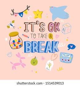 Cute scandinavian poster set including trendy quotes and cool decorative hand drawn elements. Cartoon doodle style illustration for patches, stickers, T-shirt, nursery, kids characters design. Vector.