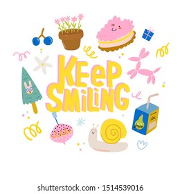 Cute scandinavian poster set including trendy quotes and cool decorative hand drawn elements. Cartoon doodle style illustration for patches, stickers, T-shirt, nursery, kids characters design. Vector.