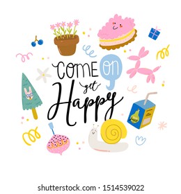 Cute scandinavian poster set including trendy quotes and cool decorative hand drawn elements. Cartoon doodle style illustration for patches, stickers, T-shirt, nursery, kids characters design. Vector.
