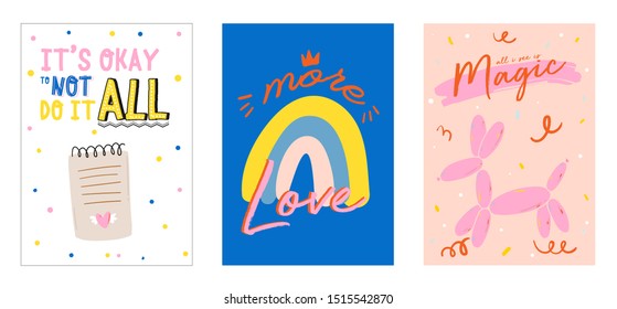 Cute scandinavian poster set including trendy quotes and cool decorative hand drawn elements. Cartoon doodle style illustration for patches, stickers, T-shirt, nursery, kids characters design. Vector.