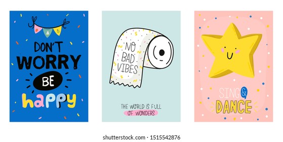 Cute scandinavian poster set including trendy quotes and cool decorative hand drawn elements. Cartoon doodle style illustration for patches, stickers, T-shirt, nursery, kids characters design. Vector.