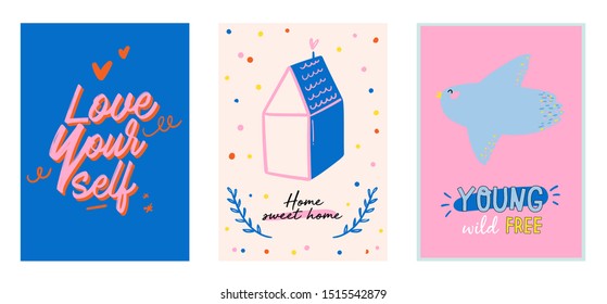 Cute scandinavian poster set including trendy quotes and cool decorative hand drawn elements. Cartoon doodle style illustration for patches, stickers, T-shirt, nursery, kids characters design. Vector.