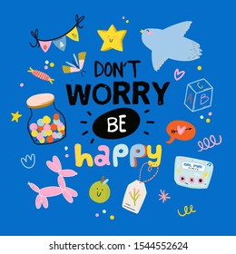 Cute scandinavian poster set including trendy quote and cool decorative hand drawn elements. Cartoon doodle style illustration for patches, stickers, T-shirt, nursery, kids characters design. Vector.