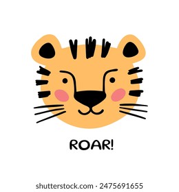 Cute scandinavian print with little Tiger. Cute hand drawn cartoon tiger. Lettering quote - Roar. Vector illustration.