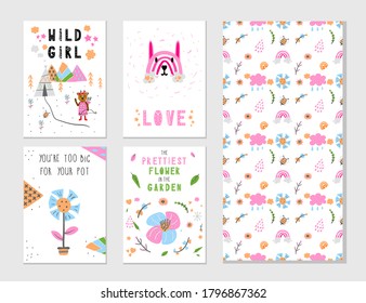 Cute scandinavian print set with seamless pattern. Hand drawn floral vectora. Kids wall art, prints, baby shower, greeting cards, birthday card, t-shirt. Modern illustration.