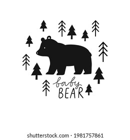 Cute scandinavian print with Silhouette Baby Bear. Monochrome print for baby, design t-shirts, fabrics and textiles.