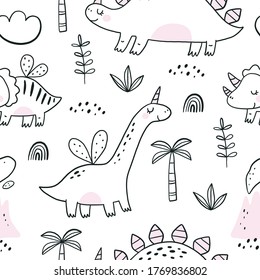 Cute scandinavian print with Unicorn Dinosaur. Hand drawn Dino Princess. Seamless pattern with cutie Dinosaurs 