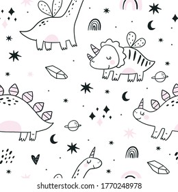 Cute scandinavian print with Unicorn Dinosaur. Hand drawn Dino Princess. Seamless pattern with cutie Dinosaurs 