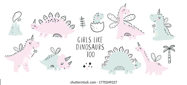 Cute scandinavian print with Unicorn Dinosaur. Hand drawn Dino Princess. Lettering quote - Girls Like Dinosaurs too