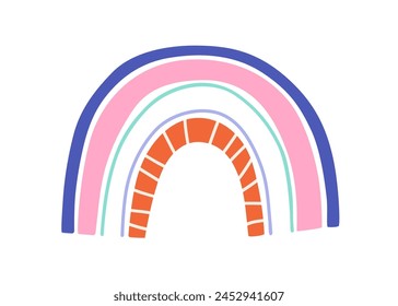 Cute Scandinavian rainbow. Striped arch, nursery design element. Childish hand-drawn Scandi doodle decoration. Modern kids baby drawing, flat vector illustration isolated on white background