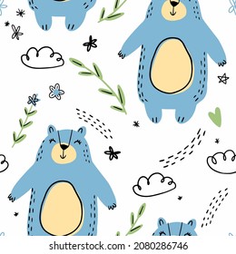 Cute Scandinavian seamless pattern with blue bears and flowers on a white background