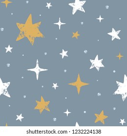 Cute scandinavian seamless pattern with hand drawn stars. Stamp textured background. Vector illustration for design and print.