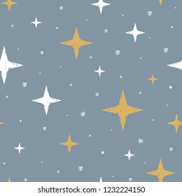 Cute scandinavian seamless pattern with hand drawn stars. Stamp textured background. Vector illustration for design and print.
