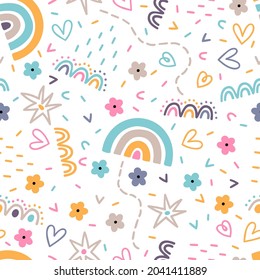 Cute scandinavian seamless pattern. Hand drawn nursery design. Trendy baby texture for fabric, textile, cloth, wrapping paper. Childish background. Vector illustration