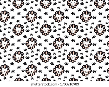 Cute Scandinavian seamless pattern of hand-drawn lions heads and black cat footprints on a white background. For the design of children's, clothing, fabric, wallpaper, textiles, wrapping paper. Vector