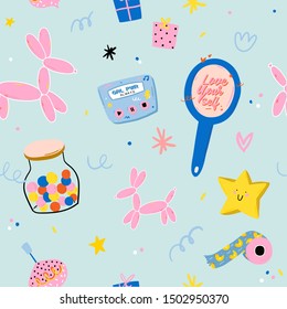 Cute scandinavian seamless pattern including funny decorative hand drawn elements. Cartoon doodle style illustration for birthday decor, stickers, T-shirt, nursery, kids design. Vector.