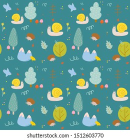 Cute scandinavian seamless pattern including funny decorative hand drawn elements. Cartoon doodle style illustration for birthday decor, stickers, T-shirt, nursery, kids design. Vector.