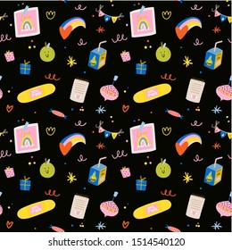 Cute scandinavian seamless pattern including funny decorative hand drawn elements. Cartoon doodle style illustration for birthday decor, stickers, T-shirt, nursery, kids design. Vector.