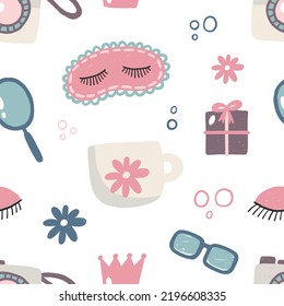 Cute scandinavian seamless pattern including funny doodle decorative hand drawn elements. Cartoon vector illustration. Good fabric design, textile, scrapbooking, wrapping paper, T-shirt, kids design