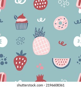Cute scandinavian seamless pattern including funny doodle decorative hand drawn elements. Cartoon vector illustration. Good fabric design, textile, scrapbooking, wrapping paper, T-shirt, kids design