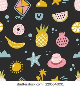 Cute scandinavian seamless pattern including funny doodle decorative hand drawn elements. Cartoon vector illustration. Good fabric design, textile, scrapbooking, wrapping paper, T-shirt, kids design