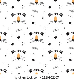 Cute scandinavian seamless pattern with little Tiger face, stars and lettering roar in doodle style. Vector illustration - cartoon tiger.