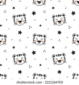 Escándalo lindo sin fisuras con la cara tigre, las estrellas y los puntos en estilo doodle. Ilustración vectorial - tigre de dibujos animados.