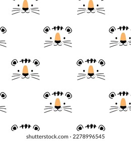 Cute scandinavian seamless pattern with little Tiger muzzle in doodle style. Vector illustration - cartoon tiger.