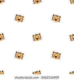 Lindo patrón escandinavo sin fisuras con pequeño bozal de tigre en estilo doodle. Ilustración vectorial de dibujos animados cabeza de tigre. Fondo blanco. Dibujo infantil