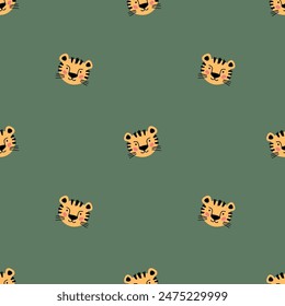 Cute scandinavian seamless pattern with little Tiger muzzle. Vector illustration cartoon tiger.