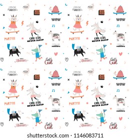 Cute scandinavian seamless pattern on white background in vector. Trendy illustration with funny animals and flowers. Good for birthdays cards, childish posters, calendars, stickers for boys and girls