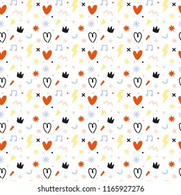 Cute scandinavian seamless pattern on white background in vector. Trendy illustration with cool doodle elements. 