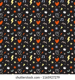 Cute scandinavian seamless pattern on black background in vector. Trendy illustration with cool doodle elements. 