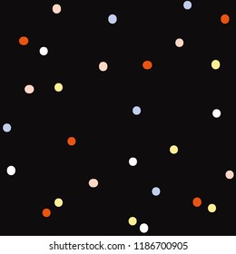 Cute scandinavian seamless pattern on black background in vector. Trendy simple illustration with random colorful dots. Good for wrapping paper, fabric design and other backdrop