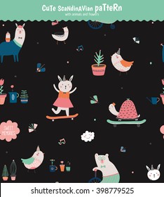 Cute scandinavian seamless pattern on white background in vector. Trendy illustration with funny animals and flowers. Good for birthdays cards, childish posters, calendars, stickers for boys and girls