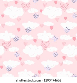 Cute scandinavian seamless pattern with white clouds, pink hearts and dark blue dots on pastel coral sky. Tender girls cloudscape pattern for kids textile, wrapping paper, surface design, background