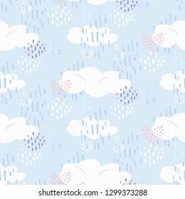 Cute scandinavian seamless pattern with white clouds, pink hearts and dotted elements on blue sky. Bright tender cloudscape pattern for kids textile, wrapping paper, weather surface design, background