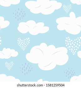 Cute scandinavian seamless pattern with white clouds, hearts and purple dotted elements on blue sky. Tender cloudscape pattern for kids textile, wrapping paper, weather surface design, background