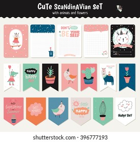 Cute scandinavian set of greeting cards, gift tags, stickers and labels templates with funny animals and flowers in vector. Holiday spring and summer modern concept with spring graphic design elements