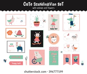 Cute Scandinavian Set Of Greeting Cards, Gift Tags, Stickers And Labels Templates With Funny Animals And Flowers In Vector. Holiday Spring And Summer Modern Concept With Spring Graphic Design Elements