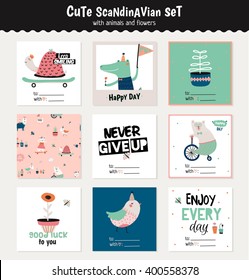 Cute scandinavian set of greeting cards, gift tags, stickers and labels templates with funny animals and flowers in vector. Holiday spring and summer modern concept with spring graphic design elements