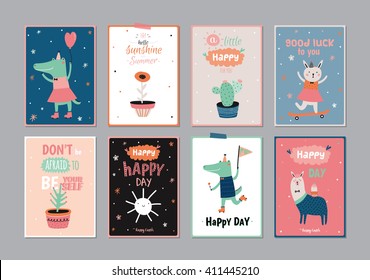 Escándalo de juego de tarjetas de felicitación, etiquetas de regalo, pegatinas y etiquetas con animales divertidos y flores en el vector. Diseño moderno de primavera y verano con elementos de diseño gráfico primaveral