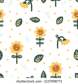 Cute Scandinavian spring vector pattern with smiling cartoon sunflowers and leaves on a white background. Bright watercolor flowers for toddlers, children, print, decor, background, interior, textiles