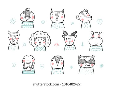 Cute Scandinavian Style Animal Faces Set. Hand drawn Doodle Cartoon Animals and Birds. Vector illustration