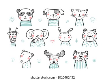 Cute Scandinavian Style Animal Faces Set. Hand drawn Doodle Cartoon Animals. Vector illustration