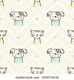 Cute Scandinavian Style Animal Faces Seamless pattern. Hand drawn Doodle Cartoon Cats and Dogs Background for Kids. Funny Puppy and Kitten. Vector Pets