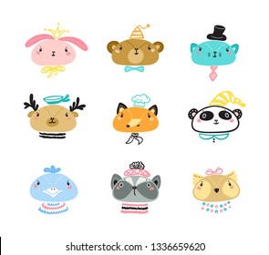 Cute Scandinavian Style Animal Faces Set. Doodle Cartoon Animals and Birds. Vector illustration