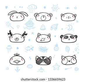 Cute Scandinavian Style Animal Faces Set. Doodle Cartoon Animals and Birds. Vector illustration