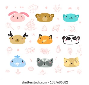 Cute Scandinavian Style Animal Faces Set. Doodle Cartoon Animals and Birds. Vector illustration
