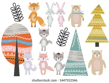 Cute Scandinavian Style Animals and Design Elements. A set of animals in the Scandinavian style: bear, fox, rabbits, cats, wolves. Trees and mountains.